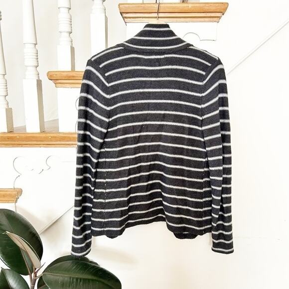 Tahari Merino Wool Blend Striped Cardigan Gray White Button-Front Pockets Sz S - Picture 5 of 6